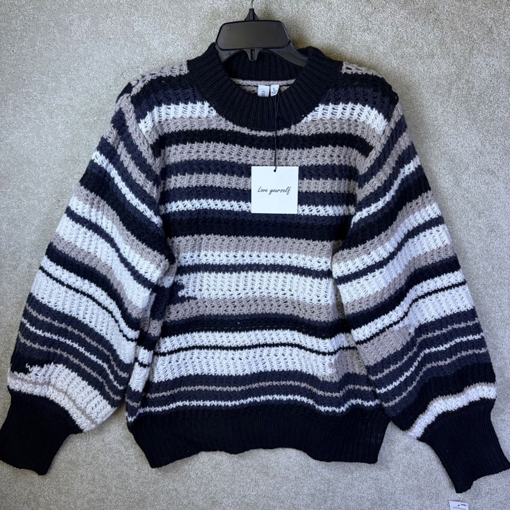 Grace + Karma Mixed Stripe Sweater Wmn Large Black White Chunky Crochet Knit NEW